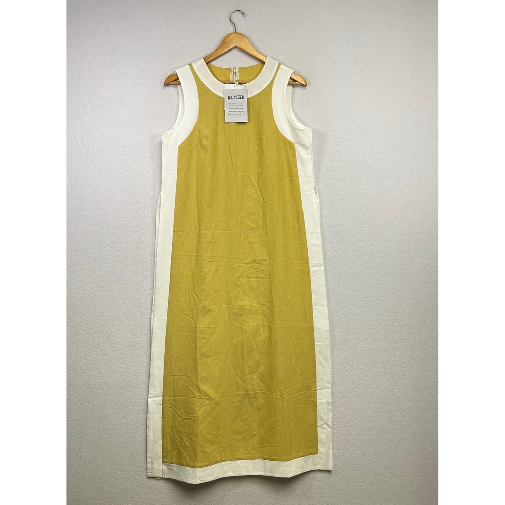 Fashion Clothing Sleeveless Midi Dress Mustard Yellow White Paneled Round Neck S